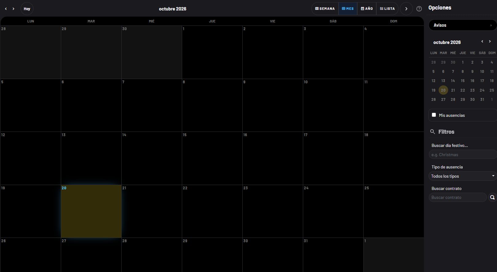 Calendario real de LapsoJob con configuración de festivos y filtros de ausencias.