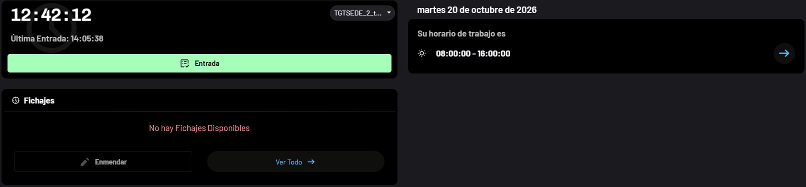 Portal real con el widget de fichaje, el horario de trabajo y el historial de registros.